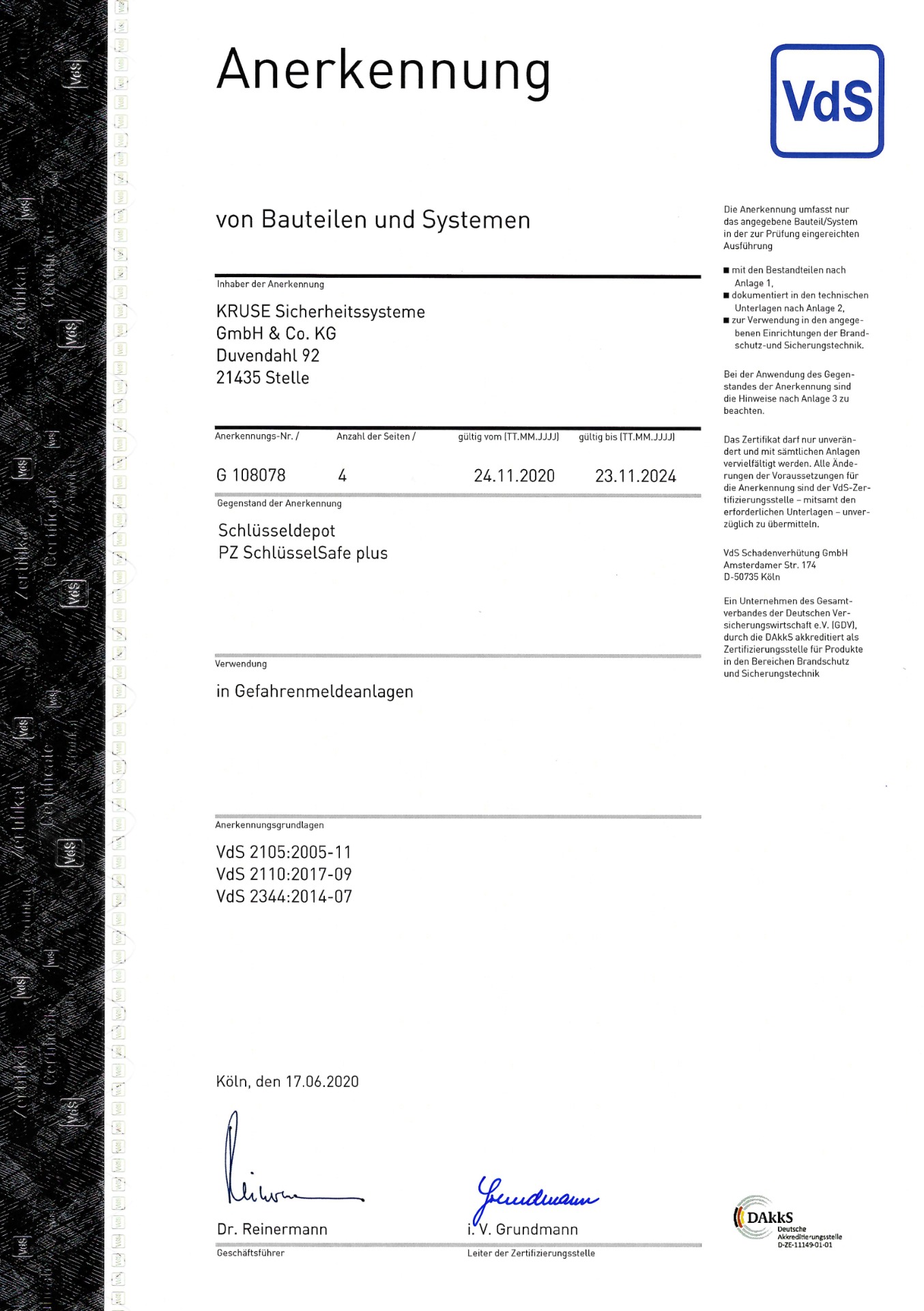 PZ-PLUS Nøkkelsafe Sertifikat